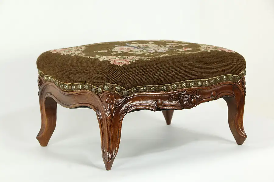 Main image of French Antique Carved Walnut Footstool, Needlepoint Upholstery