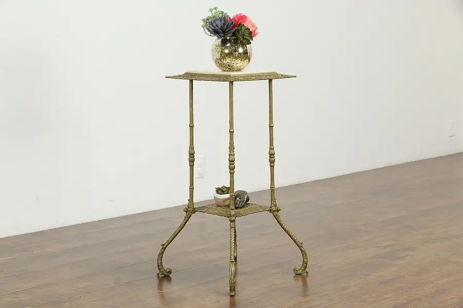 Main image of Victorian Brass & Iron Antique Sculpture Pedestal Plant Stand, Marble Top