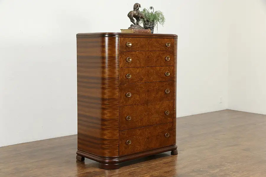 Main image of Midcentury Modern Art Deco Vintage Curly Birdseye Maple Tall Chest