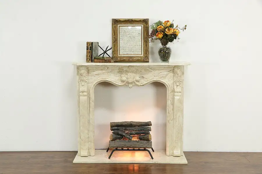 Main image of Cream Cultured Faux Marble Vintage Mantel & Hearth, Scroll & Leaf Carved