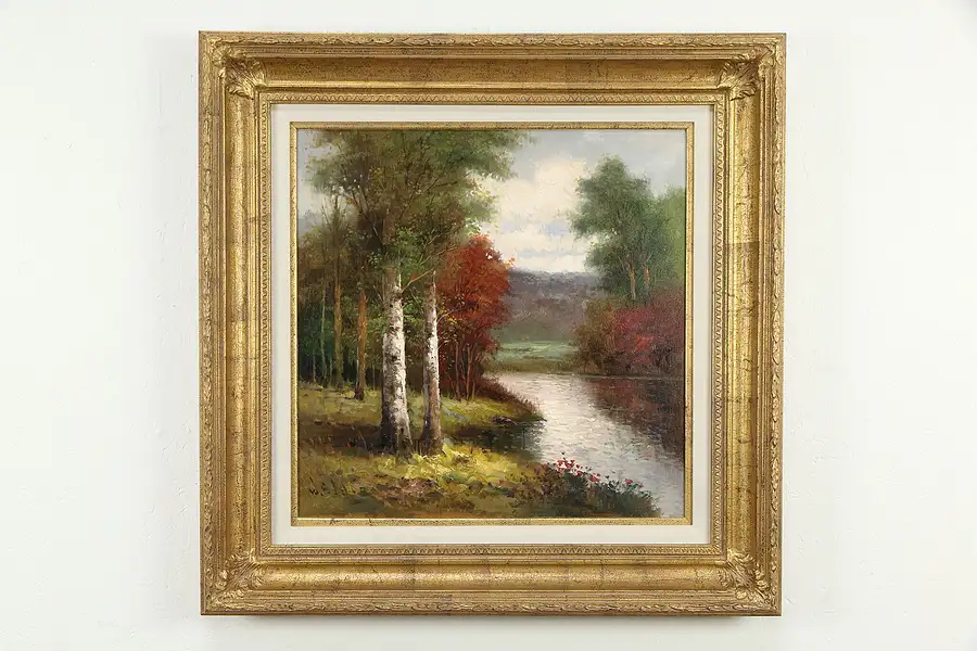 Main image of Stream in Autumn & Birches, Original Vintage Oil Painting, Signed, 34.5"