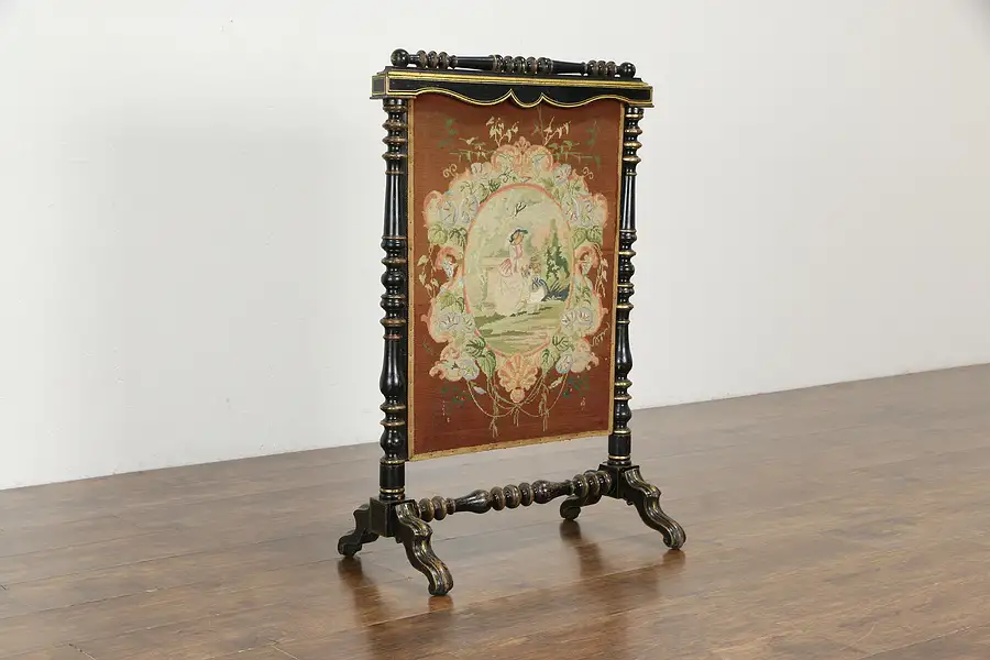 Main image of Victorian Antique 1850 English Fireplace Hearth Fire Screen, Needlepoint