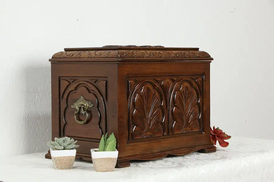 Main image of Carved Walnut Antique Jewelry Treasure Chest or Keepsake Box