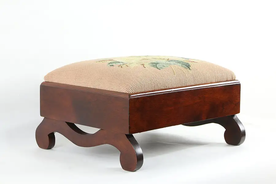 Main image of Farmhouse Fruitwood Vintage Footstool, Needlepoint Upholstery