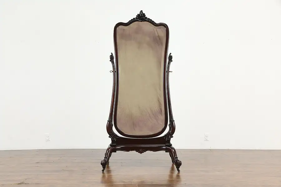 Main image of Rococo Design Antique Mahogany Cheval Dressing Mirror, Beveled