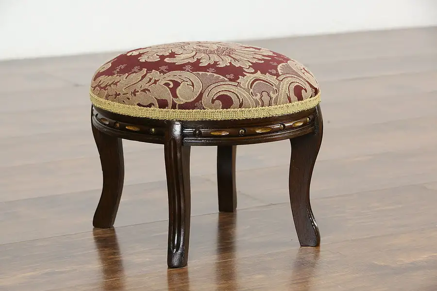 Main image of Victorian Antique Round Walnut Footstool, Recent Upholstery