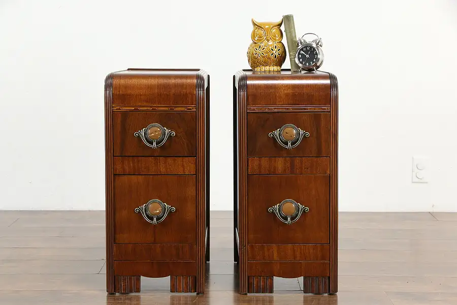 Main image of Pair of Art Deco Waterfall Design Vintage Nightstands, Bakelite Pulls