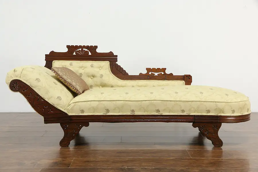 Main image of Victorian Eastlake Antique Walnut Chaise Fainting Couch, New Upholstery