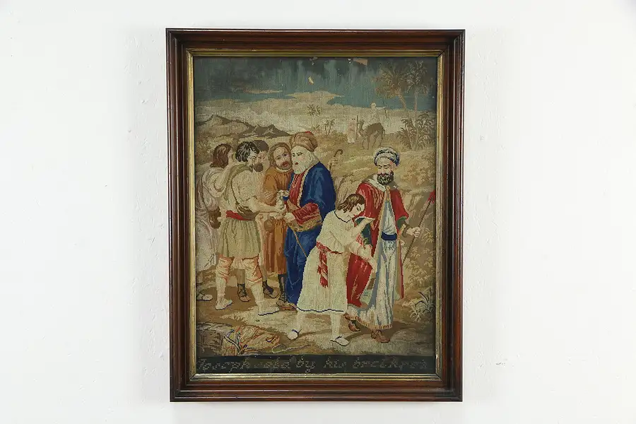 Main image of Joseph Sold into Slavery Antique Needlepoint Panel, Walnut Frame 29"