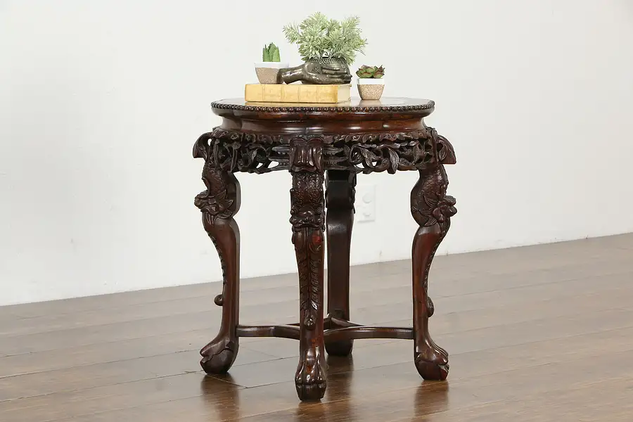 Main image of Chinese Antique Rosewood & Marble Plant Stand or Sculpture Pedestal