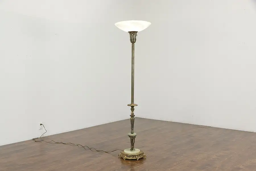 Main image of Torchiere Vintage Floor Lamp, Onyx & Brass Mounts, Etched Glass Shade