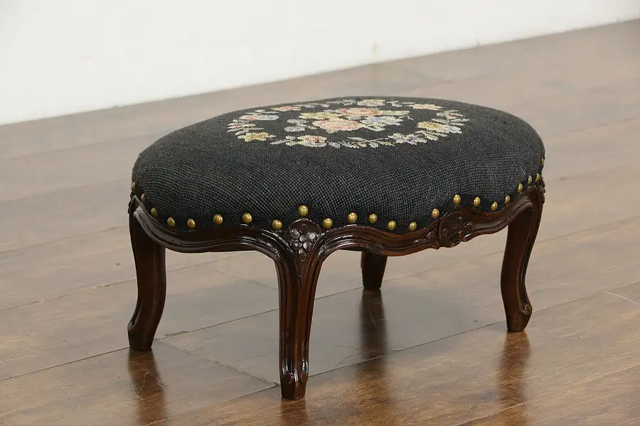 Main image of Oval Carved French Antique Footstool, Needlepoint Upholstery