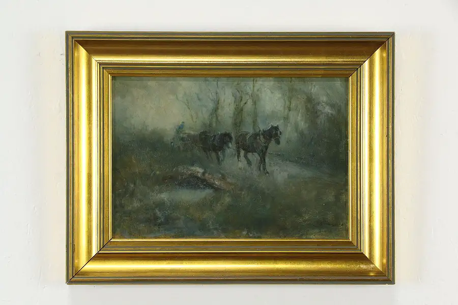 Main image of The Horse Wagon Original Antique British Oil Painting Benjamin Hughes 18"