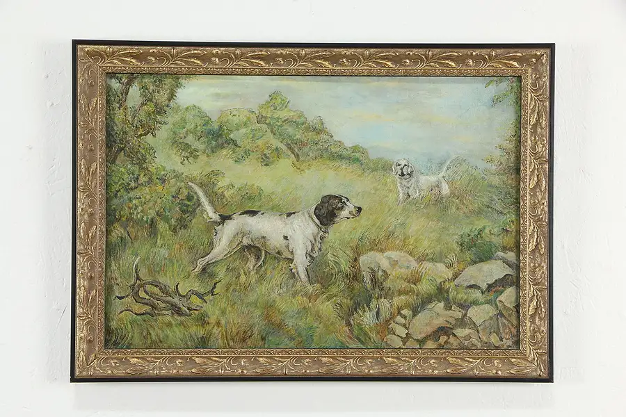 Main image of Hunting Dogs at Work Original Antique Oil Painting 25"