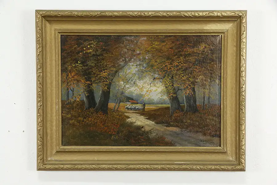 Main image of Forest in Fall & Shepherd Antique Original Oil Painting Sleeswijk 35 1/2"