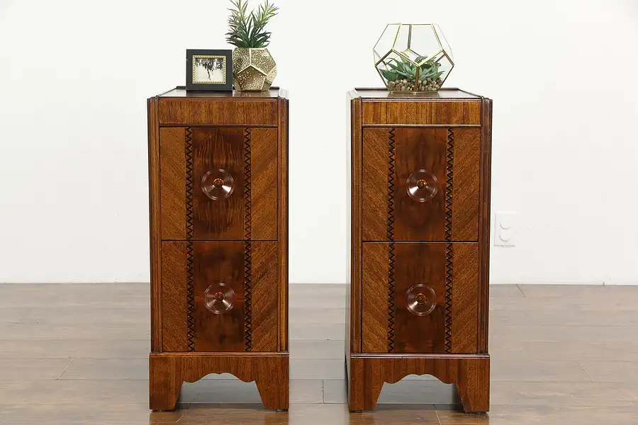 Main image of Pair of Art Deco Vintage Nightstands, Burl & Banding, Bakelite Pulls