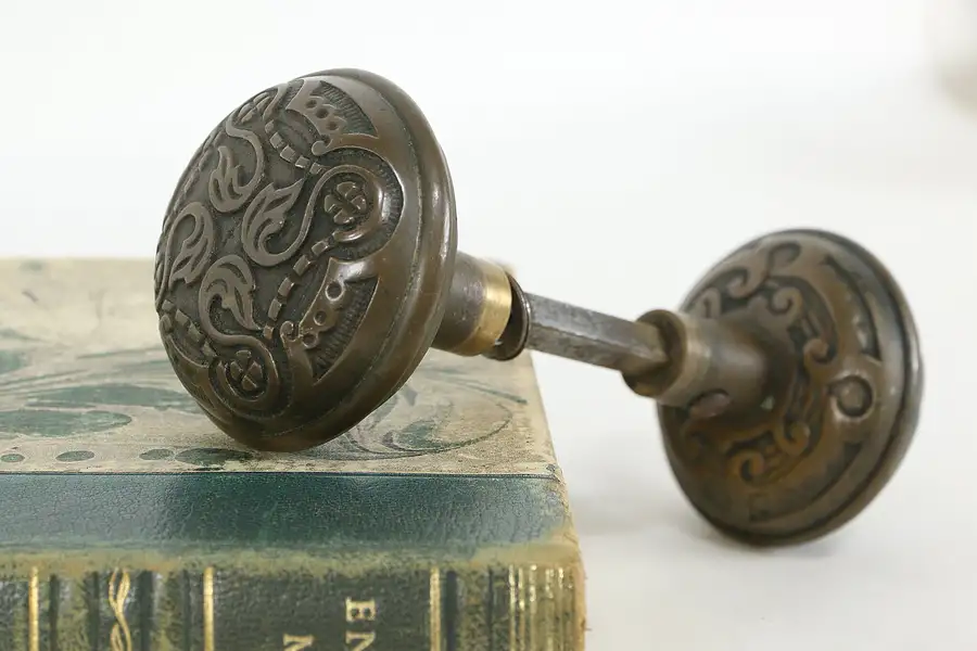 Main image of Victorian Antique Embossed Bronze Doorknob Set