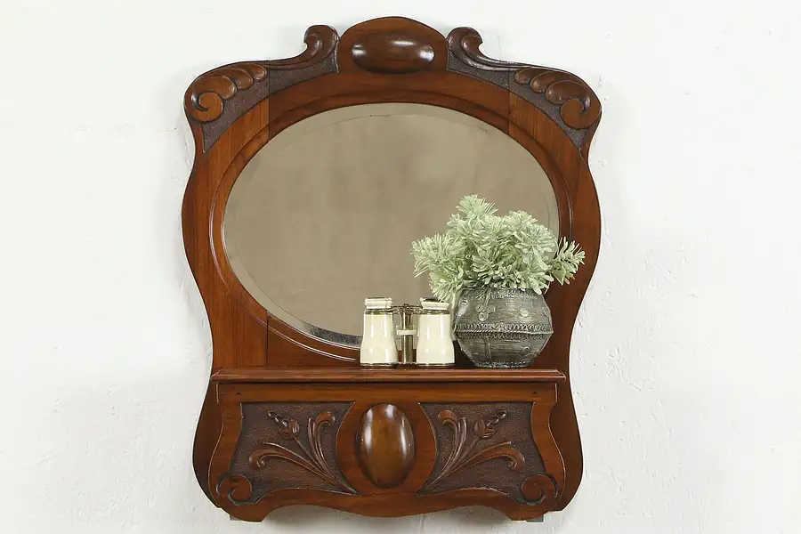 Main image of Art Nouveau Antique Walnut Shaving or Bath Wall Mirror, Compartment