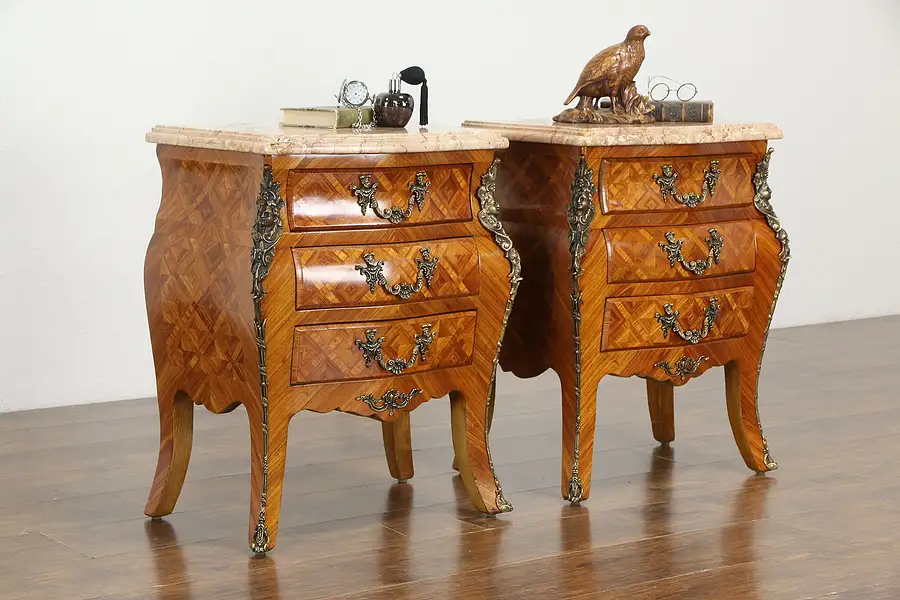 Main image of Pair Vintage Bombe Tulipwood Marquetry Chests or Nightstands, Marble Tops