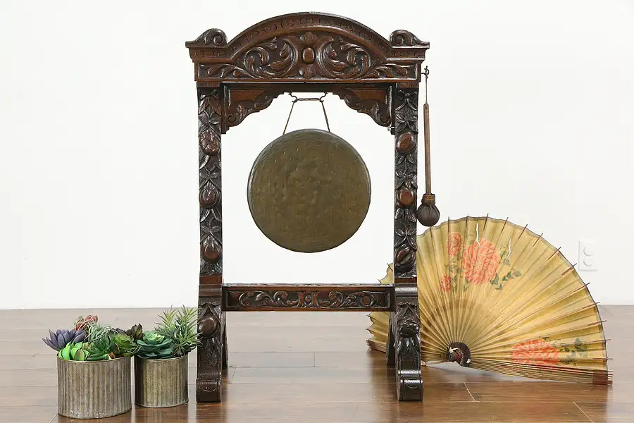 Main image of Black Forest Antique Carved Oak Bronze Gong, Carved Oak Stand