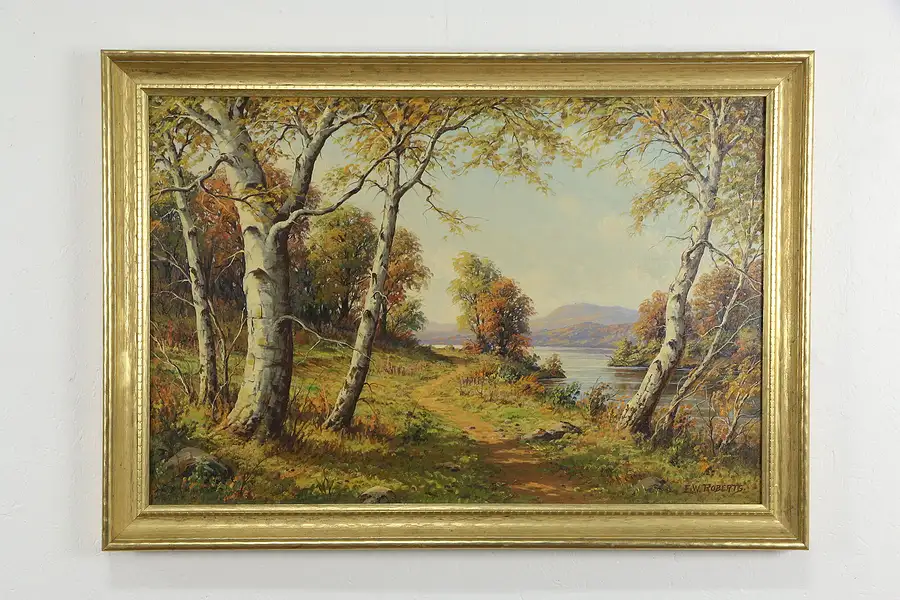 Main image of Fall Landscape Birch Trees Original Vintage Oil Painting, Roberts 40 1/2"