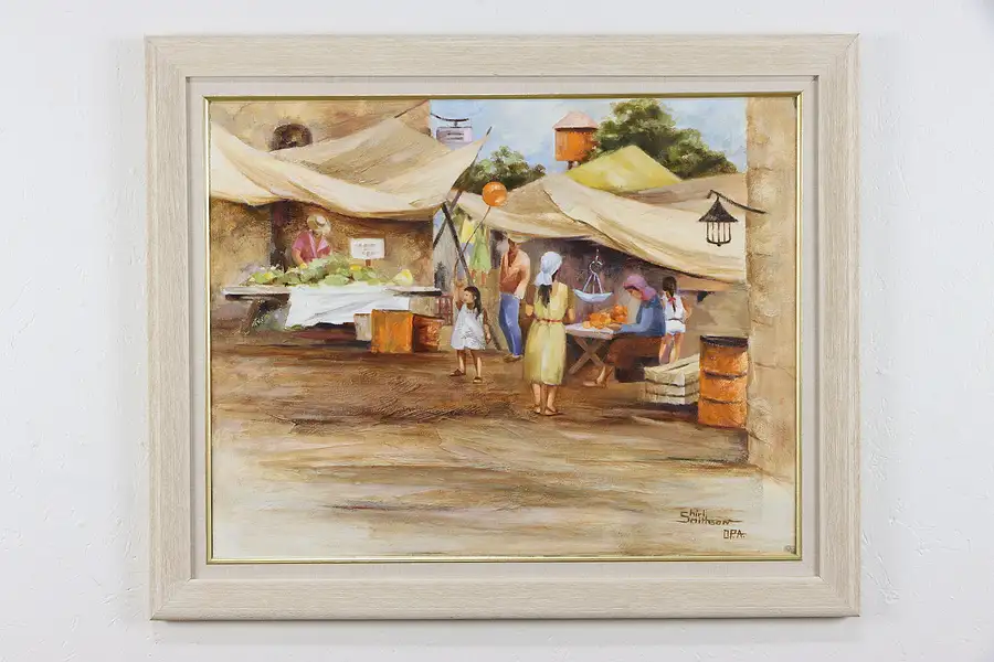 Main image of Marketplace Scene Original Vintage Oil Painting, Shirl Smithson 34"