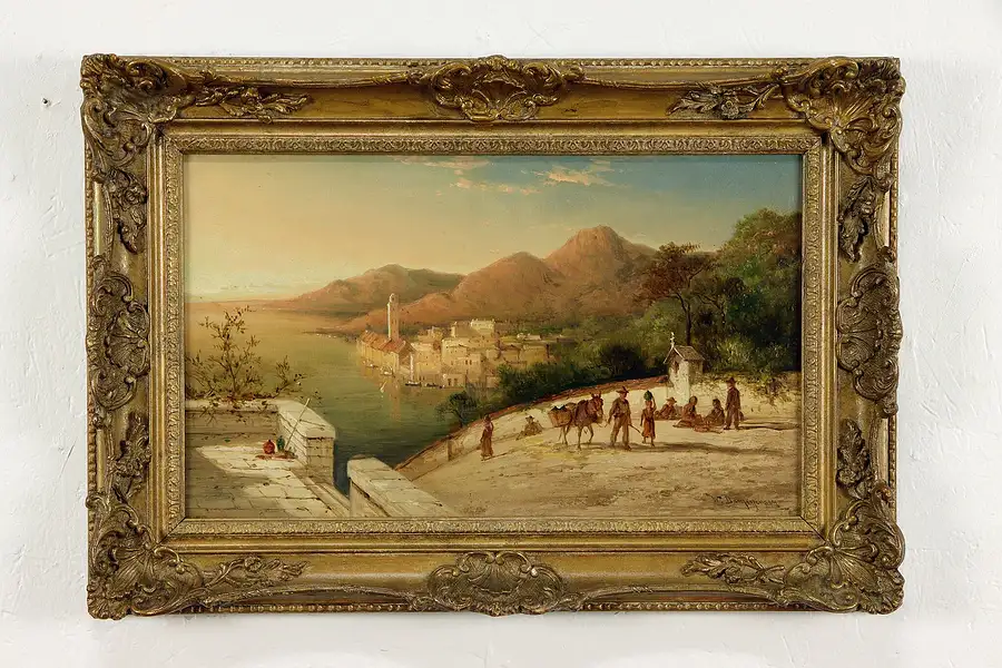 Main image of Village on Lake Orta, Italy, Original Antique Oil Painting, Signed 25"