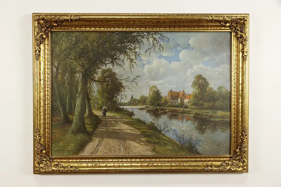 Main image of Country Canal, Village, Boats Original Antique Oil Painting Rupprecht 47"