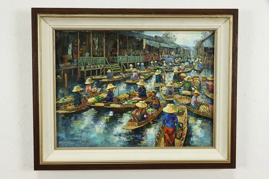 Main image of Floating Flower Market in Vietnam, Original Vintage Oil Painting 29"