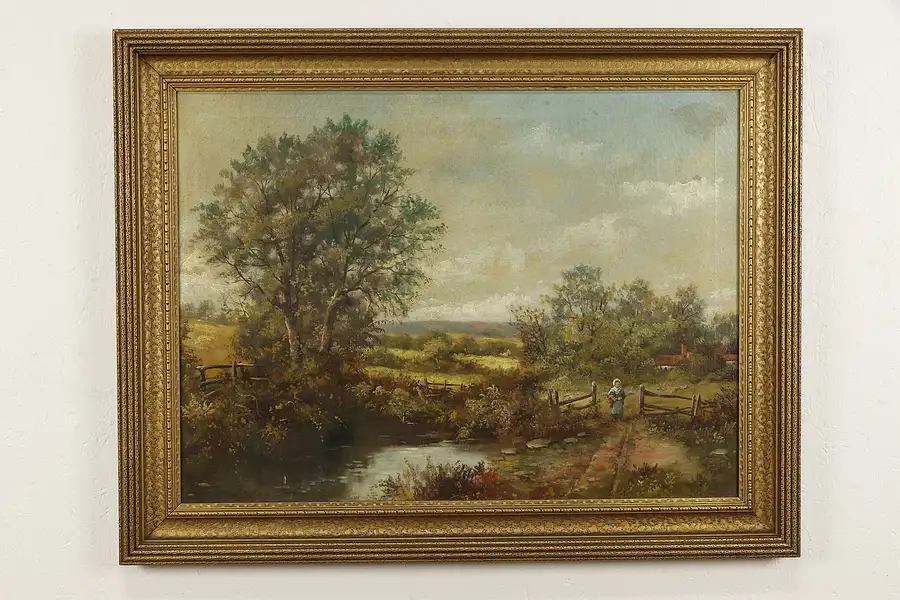 Main image of Country Lane & Stream Original Vintage 36" Oil Painting, Frank Falk