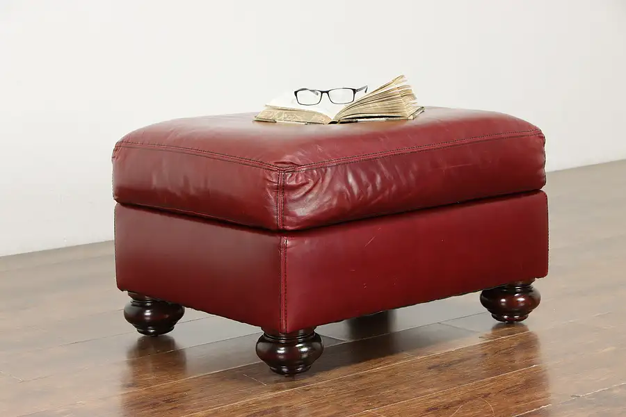 Main image of Stickley Vintage Leather Stool or Ottoman, Bun Feet