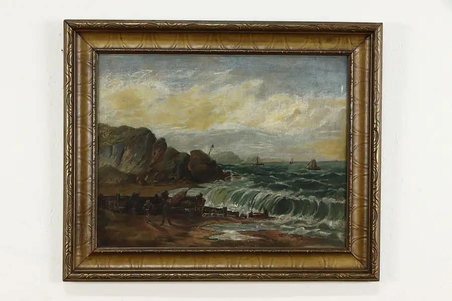 Main image of Crashing Waves & Sailboats Original Vintage Oil Painting 28"