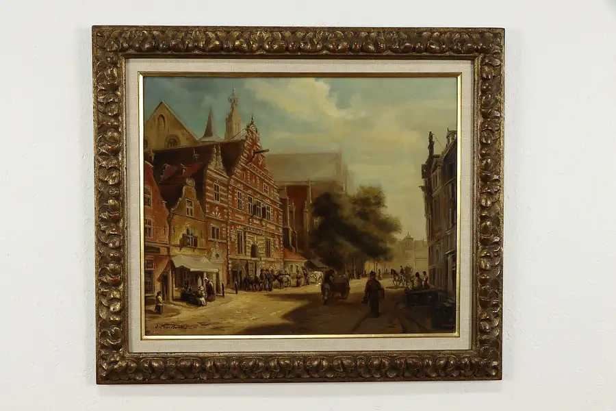 Main image of Dutch Village Scene Original Oil Painting JW van Bommel 31 1/2"