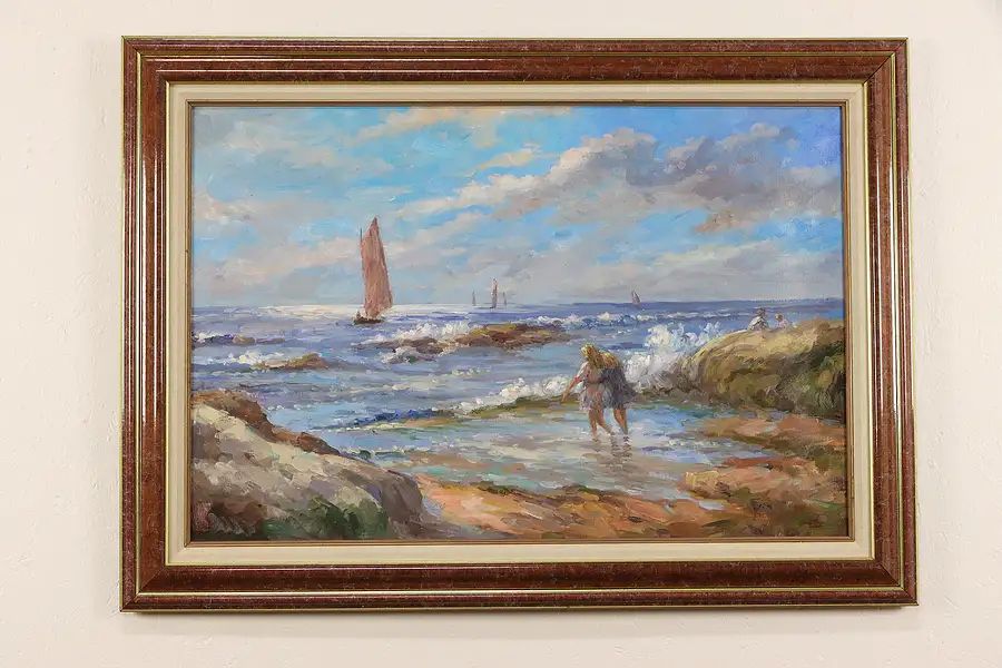 Main image of Sunny Shore with Beach & Sailboats 42" Original Oil Painting, H. Reuter