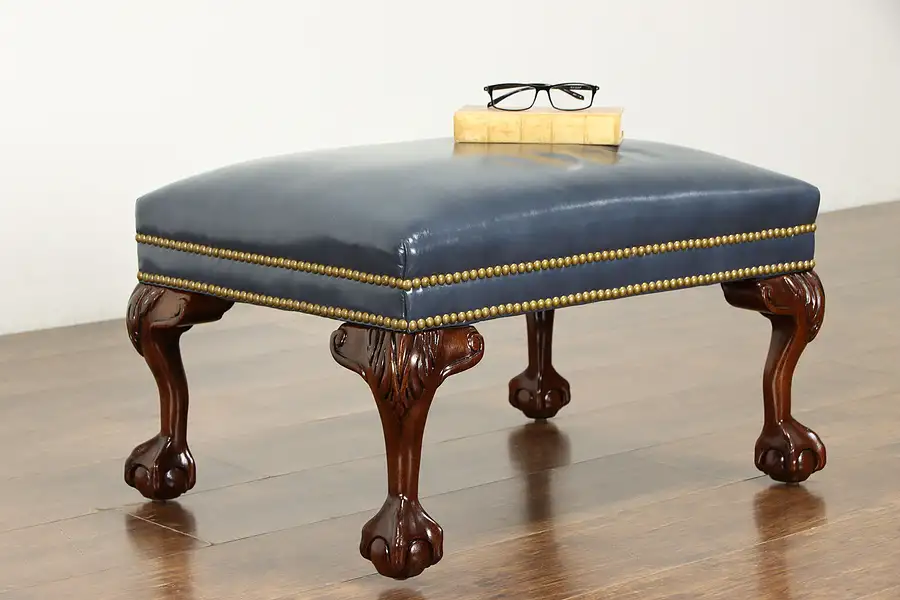 Main image of Leather Vintage Carved Claw & Ball Ottoman or Stool, Hancock & Moore