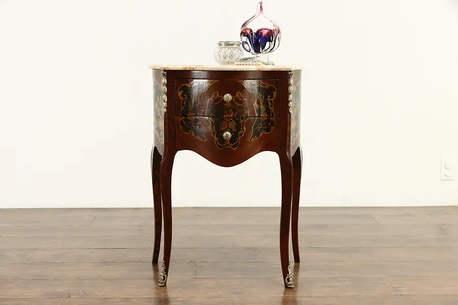 Main image of Marquetry Vintage Marble Top Chest, End Table or Nightstand