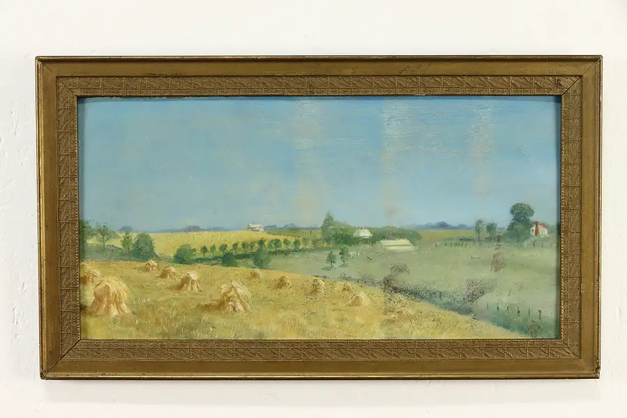 Main image of Haystacks & Meadow Original Antique Oil Painting, EMJ 1913, 21"