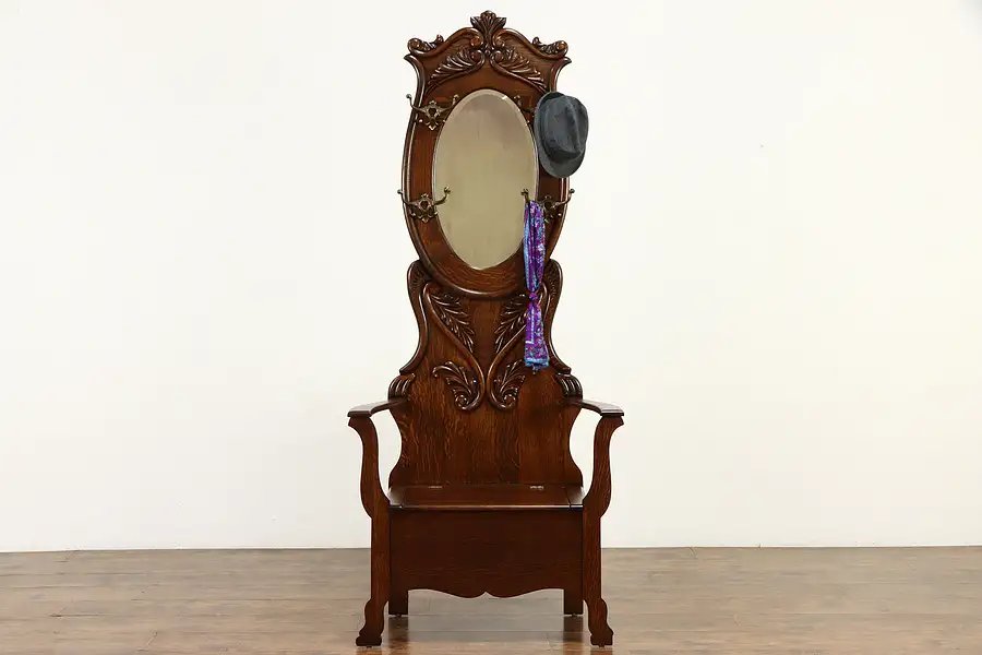 Main image of Victorian Carved Oak Hall Stand & Bench, Beveled Mirror, & Storage