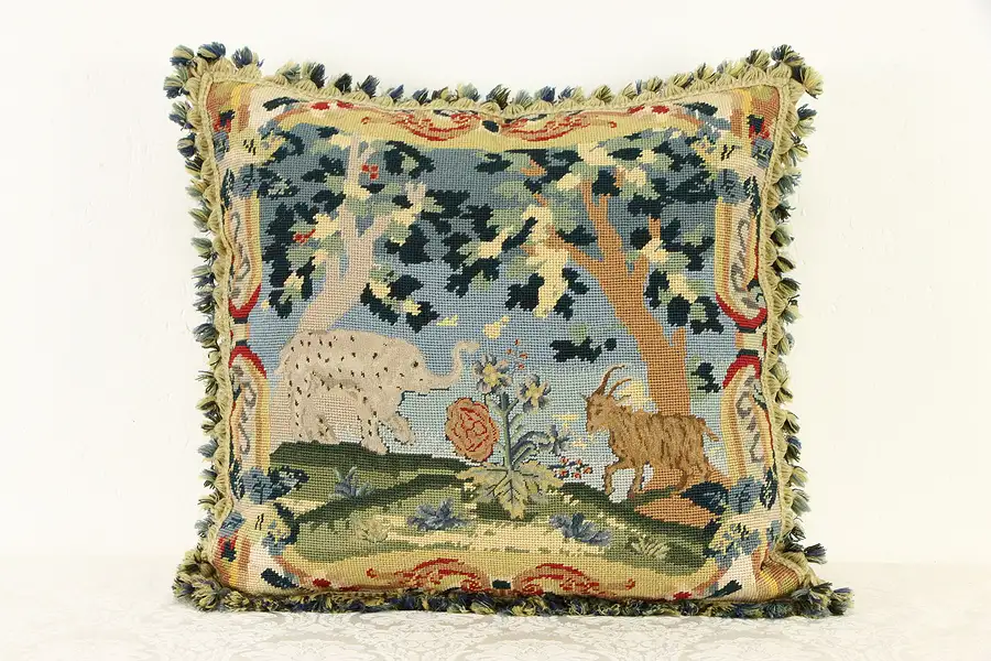 Main image of Needlepoint & Pettipoint Hand Stitched Pillow, Elephant & Ram