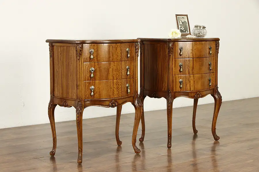 Main image of Pair of Satinwood Antique Carved Nightstands or End Tables