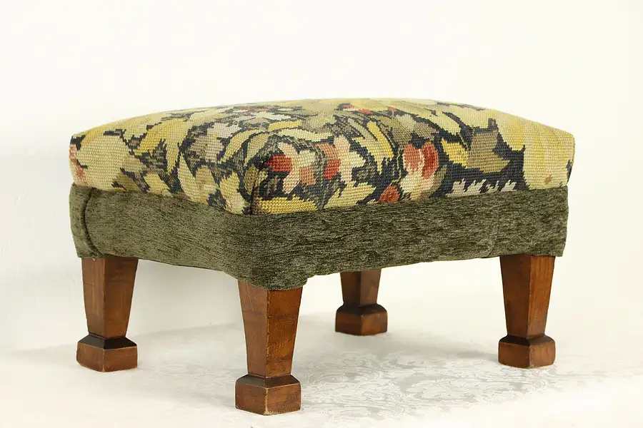 Main image of Oak Antique Craftsman Footstool, Old Needlepoint Upholstery