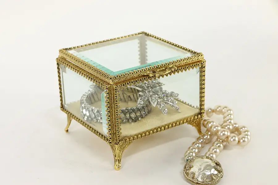 Main image of Gold Plated Filigree Vintage Jewelry Box, Beveled Glass & Velvet