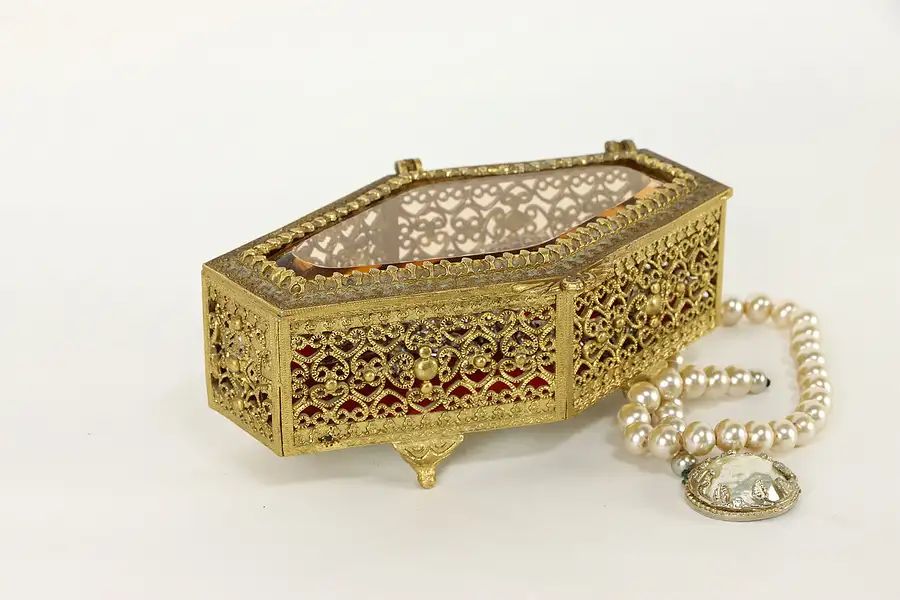 Main image of Gold Plated Filigree Vintage Jewelry Box, Beveled Glass & Red Velvet