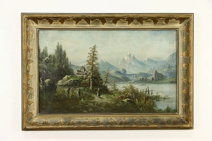 Main image of Swiss Alps Landscape Original Antique Oil Painting, Damarin 41"