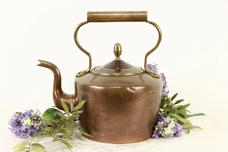 Main image of English Large Solid Copper Antique Tea Kettle, Brass Mounts