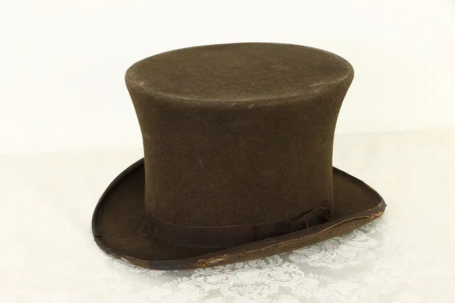 Main image of Brown Felt Antique Top Hat, Silk Ribbon, Leather Sweat Band