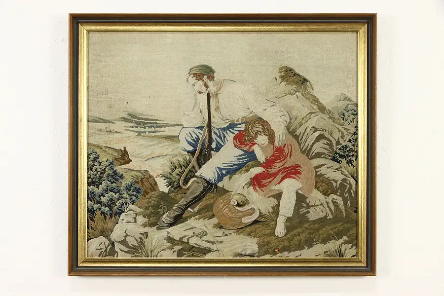 Main image of Father & Child Handstitched Needlepoint Tapestry, Framed 26 1/2"