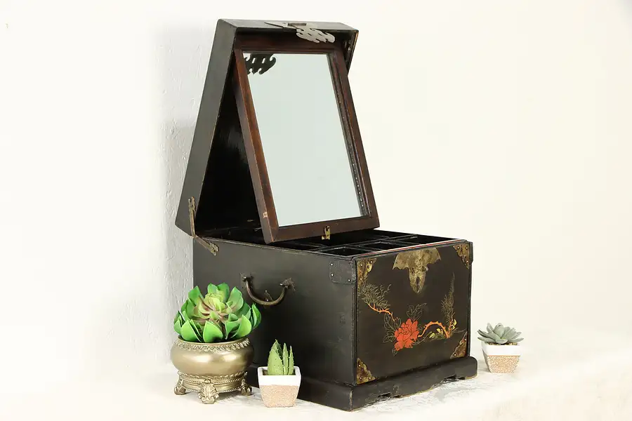 Main image of Chinese Antique Painted Lacquer Jewelry Chest & Mirror, Brass Padlock