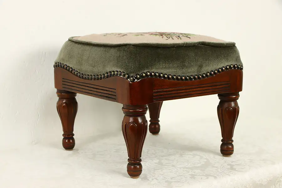 Main image of Carved Mahogany Vintage Needlepoint Petit Point Footstool, Maitland-Smith