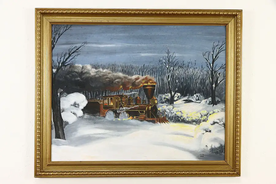 Main image of Winter Scene with Steam Train Original Oil Painting, CAB 1954 32 1/2"